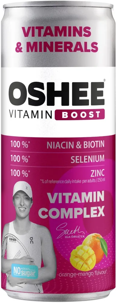 Napój gazowany Oshee Vitamin Boost, Witaminy + Minerały, pomarańcza/mango, puszka, 250ml, KAUCJA