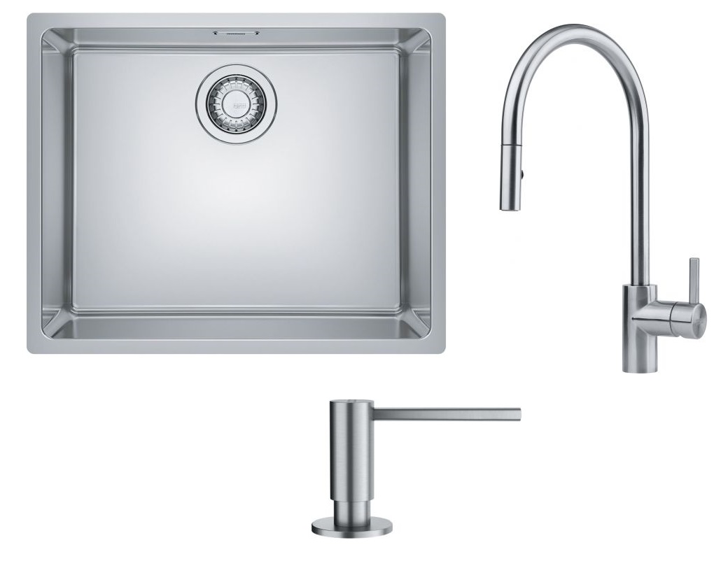Zestaw Franke Maris 110-50 zlewozmywak stalowy 50x40 cm jedwab z baterią kuchenną Eos Neo i dozownikiem do płynów 350 ml (1220543996, ... - Wysyłka w 