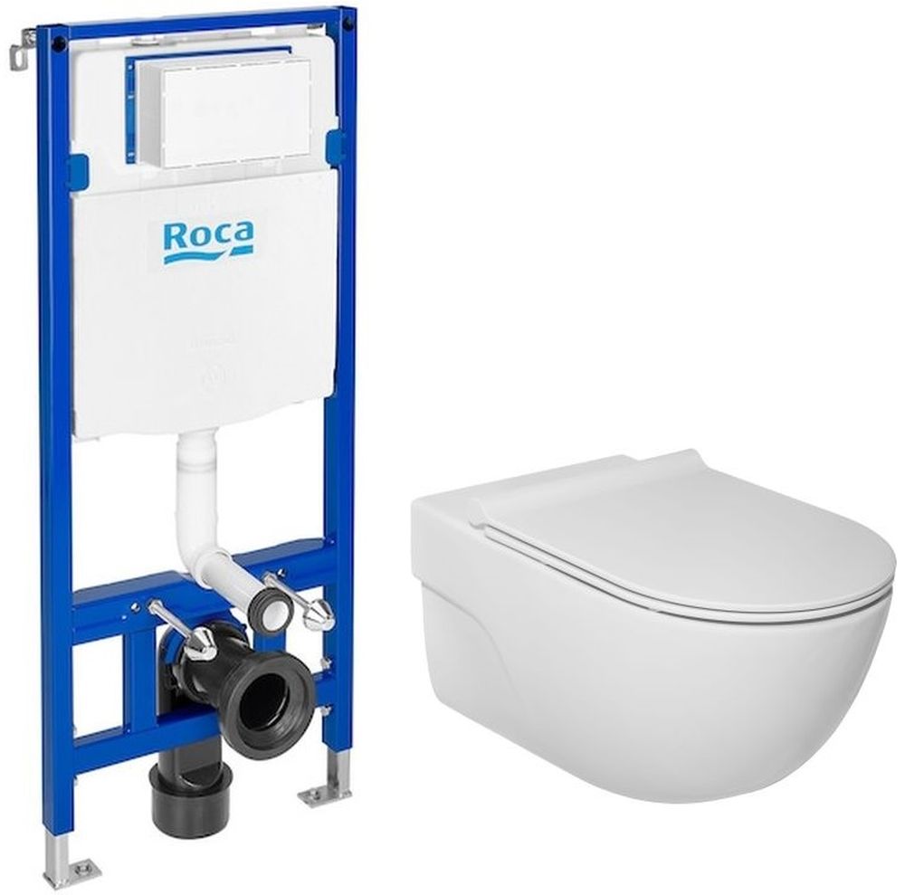 Zestaw Roca Meridian miska WC wisząca Rimless z deską Slim wolnoopadającą biała i stelaż podtynkowy do WC Roca Duplo One ( ...