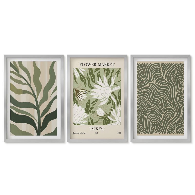 Zestaw 3 obrazów w srebrnej ramie Tulup 40x60 cm Roślinne wzory boho dekoracje Obrazy nad biurko zestaw srebrna rama 1 kpl