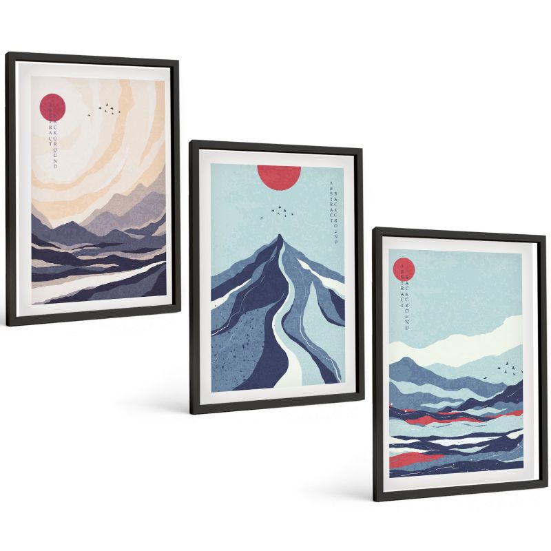Galeria 3 Obrazów w Czarnej Ramie ArtPrintCave 40x60 cm Komplet ścienny Abstrakcyjne góry japońskie 1 kpl.