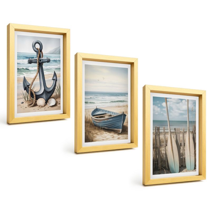 Galeria 3 Obrazów w Złotej Ramie ArtPrintCave 20x30 cm Komplet ścienny Kotwica łódka wiosła plaża 1 kpl.