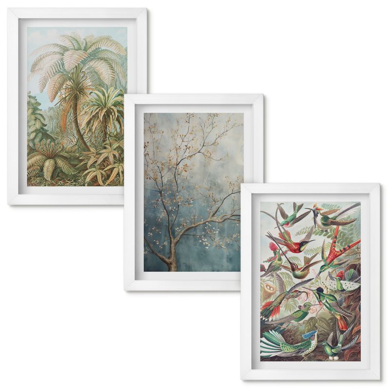 Zestaw obrazów Wallfluent Tropikalne rośliny ptaki natura Biała rama 20x30cm 3 szt.