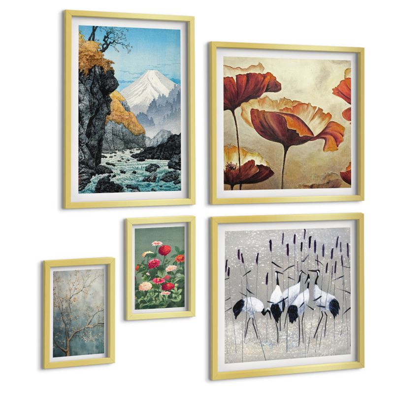 Pięcioczęściowy Zestaw Obrazów ArtPrintCave (2x50x50+2x20x30+40x60cm) Złota rama Rośliny tropikalne Plant Lady 1 kpl.