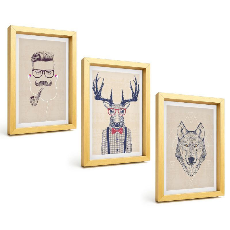 Zestaw Obrazów 3 Częściowy ArtPrintCave Złote Ramki 20x30 cm Dekoracja do Sypialni Stylowe portrety zwierząt 1 kpl.