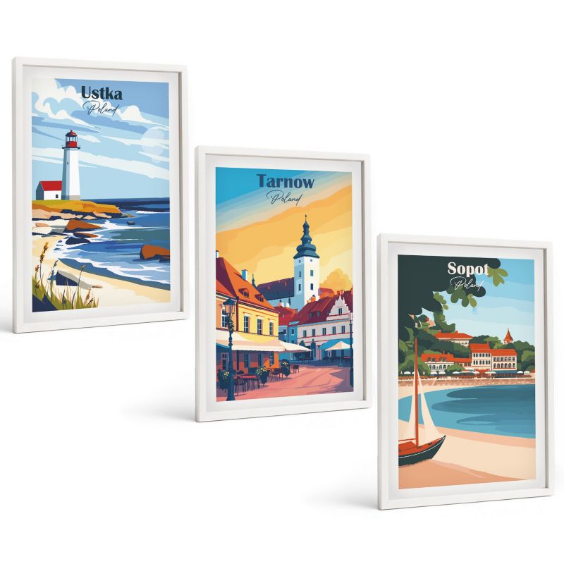 Trzyczęściowy Zestaw Obrazów ArtPrintCave 40x60 cm Biała rama Widoki miast Ustka Tarnów Sopot 1 kpl.