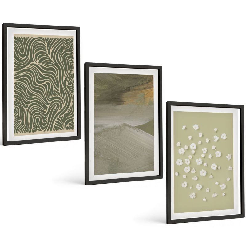Zestaw 3 Obrazów w Czarnej Ramie ArtPrintCave 40x60 cm Galeria Ścienna Wzory faliste abstrakcyjne kwiaty 1 kpl.