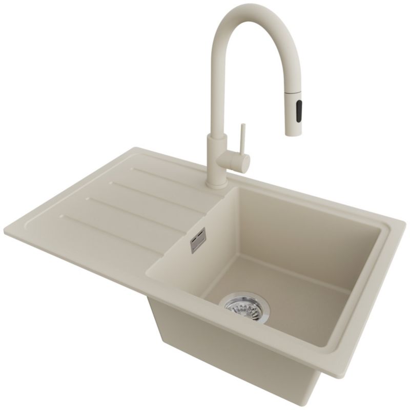 Zlewozmywak Granitowy Kopenhaga Easy PRIMAGRAN Nablatowy 70x44cm do Szafki od 45cm, Beżowy + Bateria + Syfon, S059, 1 szt.