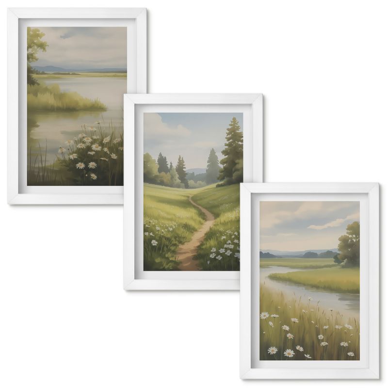Tryptyk Obrazów w Ramie Wallfluent Wiosenny krajobraz rzeka łąka Biała rama 20x30cm 3 szt.