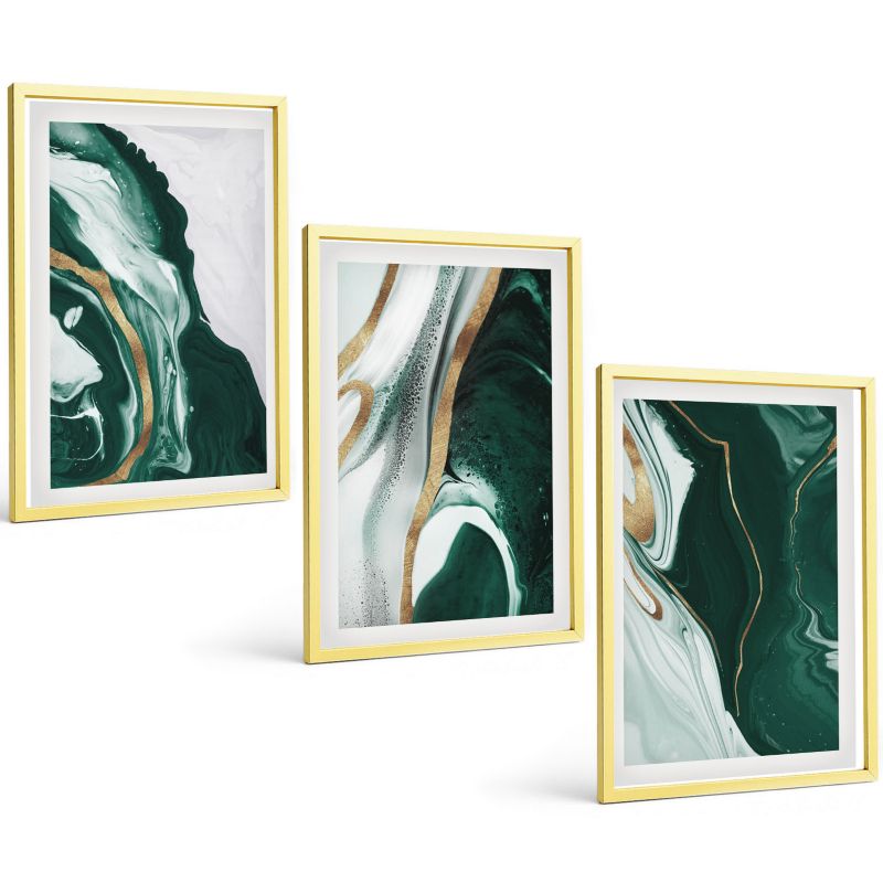 Galeria 3 Obrazów w Złotej Ramie ArtPrintCave 40x60 cm Komplet ścienny Abstrakcyjne wzory farb zieleni 1 kpl.