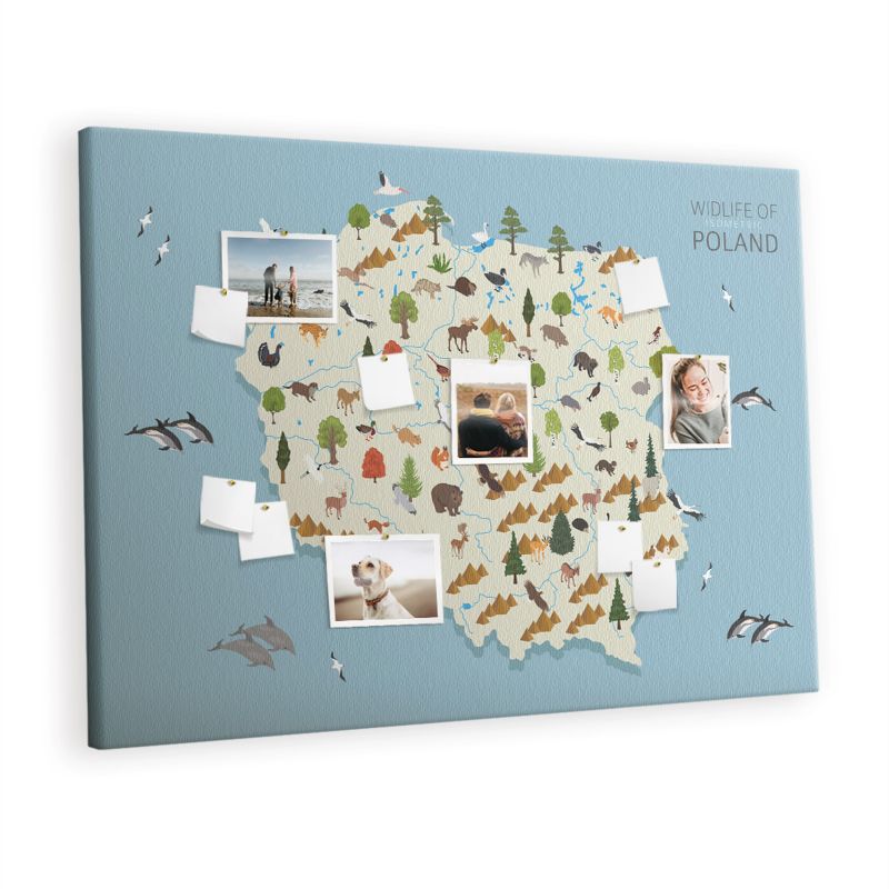 Tablica Korkowa Na Płótnie Tulup 140x100 cm Polska Mapa zwierząt Ozdobna loft Pinezki drewniane 1 kpl