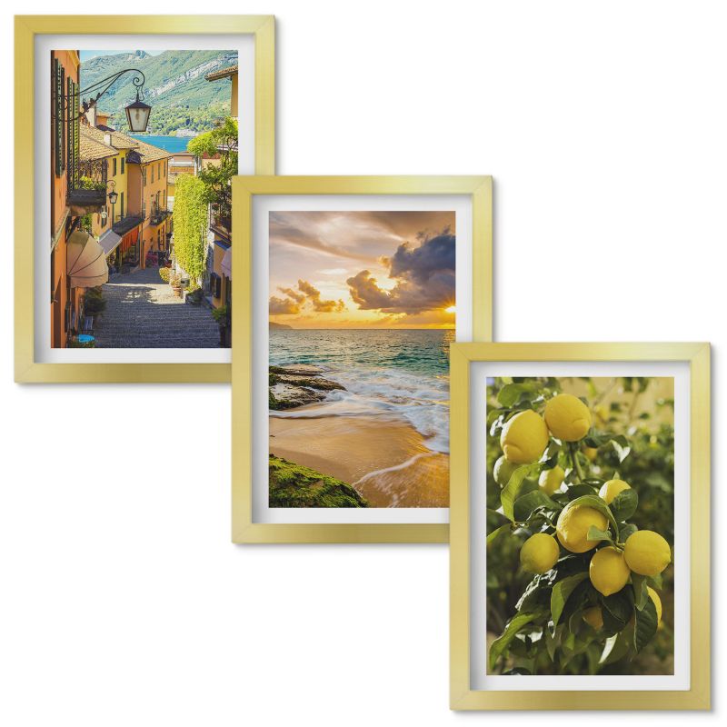 Set Obrazów w Ramie Wallfluent Uliczki morze plaża cytrusy Złota rama 20x30cm 3 szt.