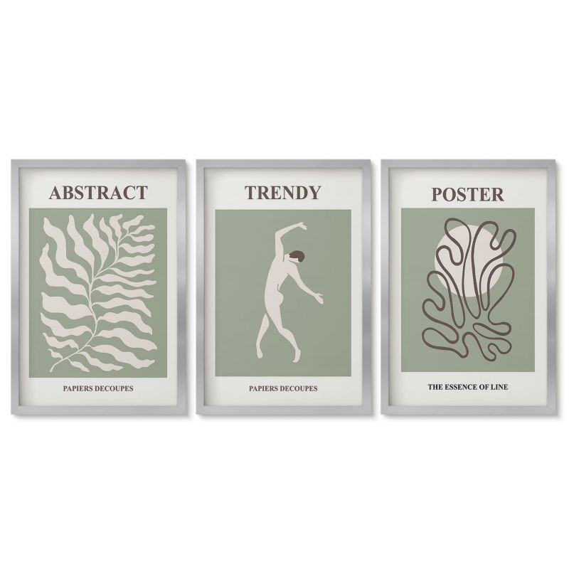 Trzy obrazy w srebrnej ramie zestaw Tulup 40x60 cm Roślinne wzory Matisse zieleni Obrazy w srebrnej ramie 1 kpl