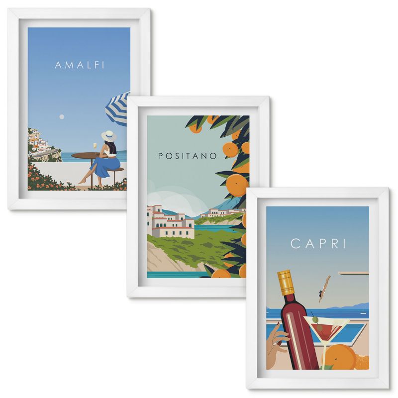 Obraz Ścienny Zestaw Wallfluent Amalfi Positano i Capri Biała rama 20x30cm 3 szt.