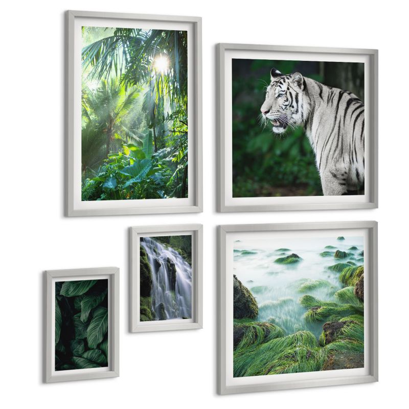 Komplet 5 Obrazów ArtPrintCave (2x50x50+2x20x30+40x60cm) Srebrna rama Liście kwiaty w kolorach 1 kpl.