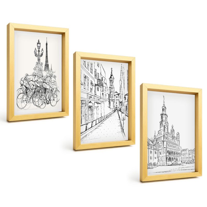 Zestaw Obrazów 3 Częściowy ArtPrintCave Złote Ramki 20x30 cm Dekoracja do Sypialni Proste rysunki miejskie 1 kpl.