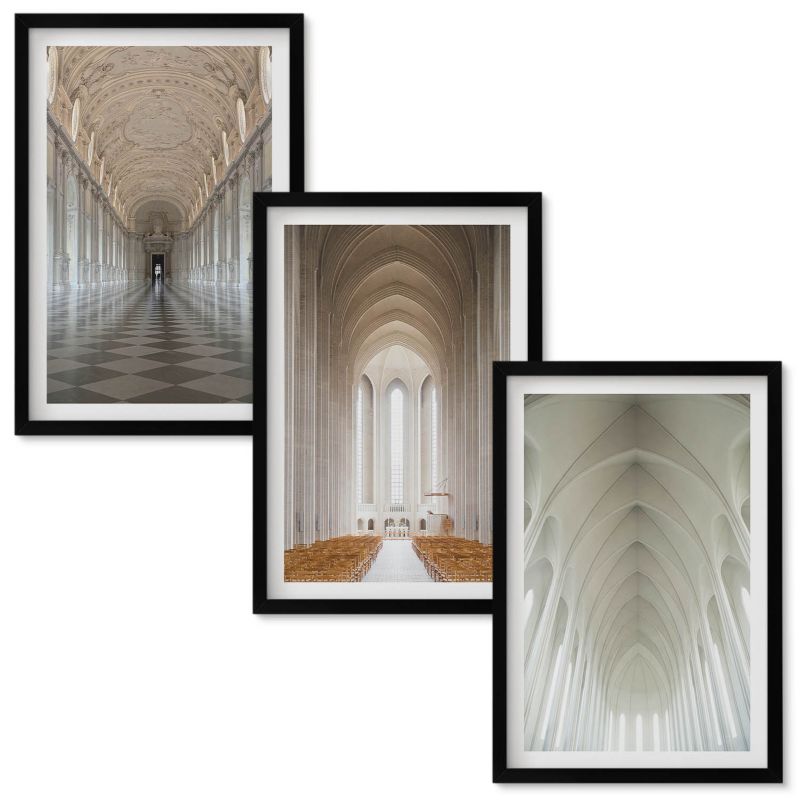 Zestaw obrazów Wallfluent Wnętrza historycznych budowli Czarna rama 40x60 cm 3 szt.