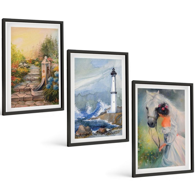 Zestaw Obrazów 3 Częściowy ArtPrintCave Czarne Ramki 40x60 cm Dekoracja do Sypialni Latarnia morska koń dziewczyna 1 kpl.