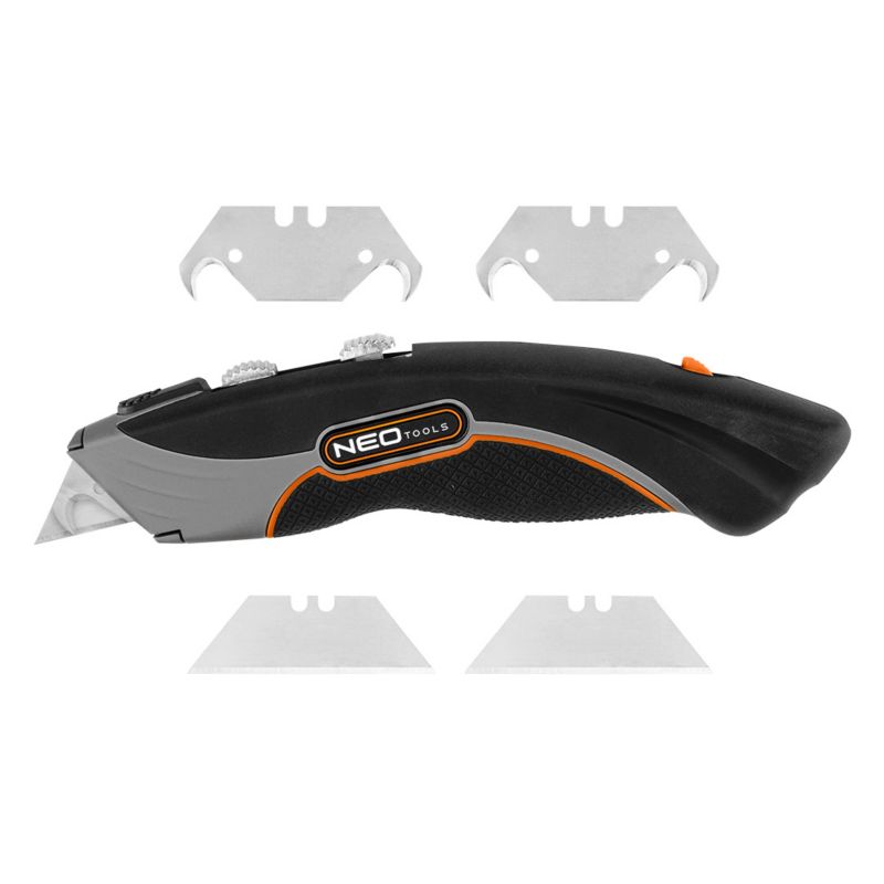 Nóż NEO TOOLS z ostrzem trapezowym i hakowym, metalowy korpus 6 ostrzy 1 kpl