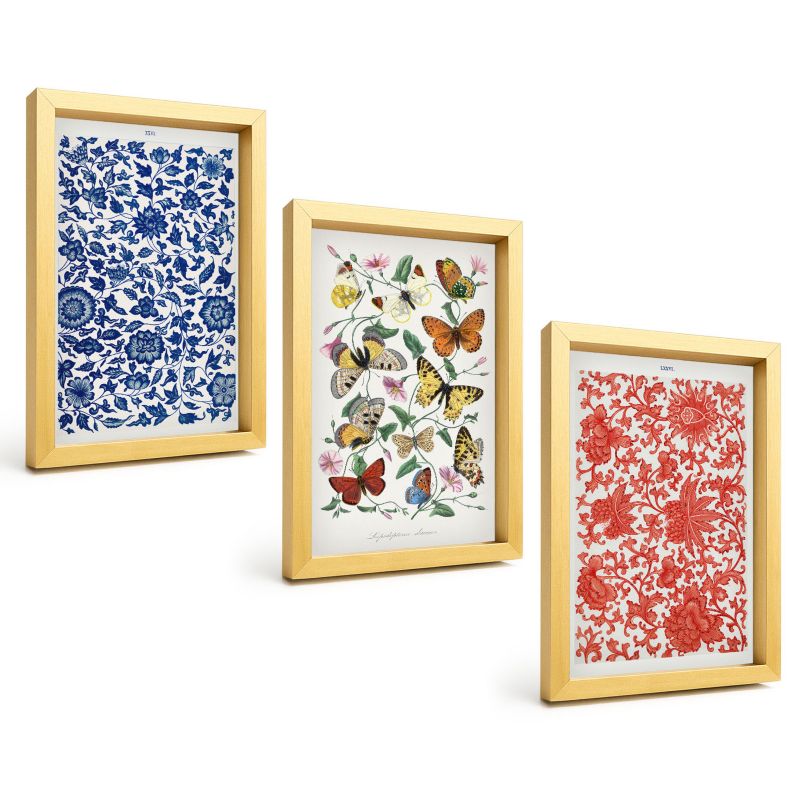 Trzyczęściowy Zestaw Obrazów ArtPrintCave 20x30 cm Złota rama Vintage kwiaty motyle ornamenty 1 kpl.
