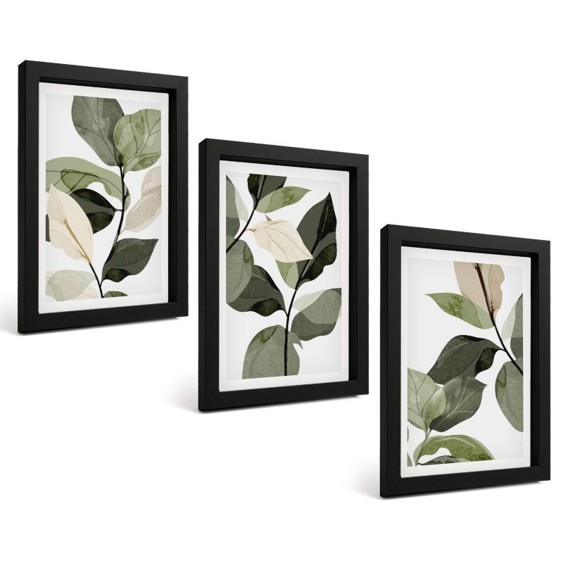 Komplet 3 Obrazów w Czarnej Ramie ArtPrintCave 20x30 cm Grafika Ścienna Malowane liście roślin boho 1 kpl.