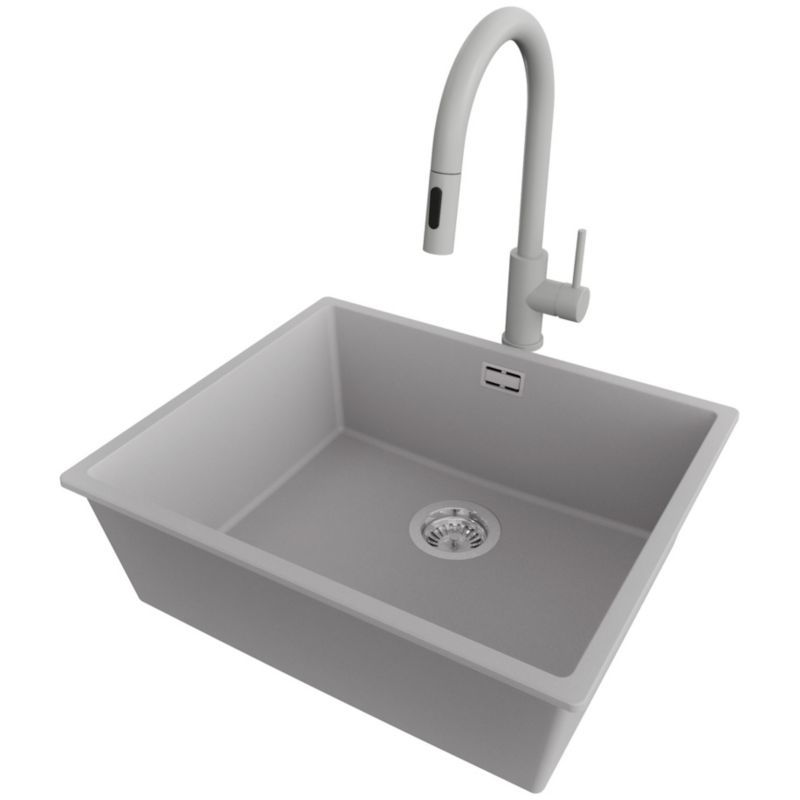 Zlewozmywak Granitowy Londyn Slim PRIMAGRAN Nablatowy 56x47cm do Szafki od 60cm, Szary + Bateria 40x20cm + Syfon, S319, 1 szt.