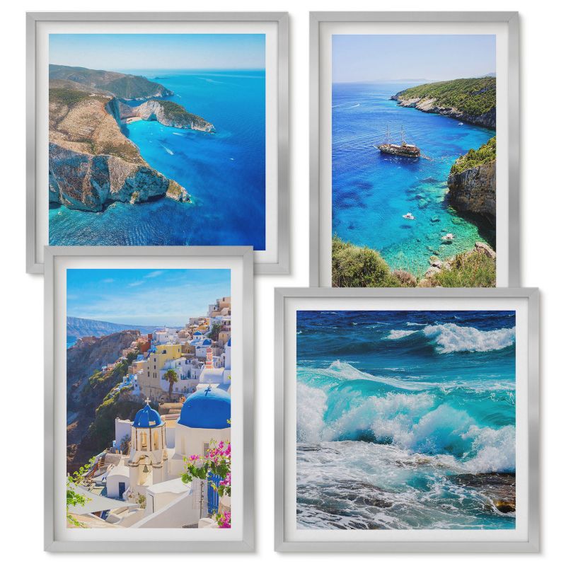 Tetraptyk w Ramie Wallfluent Greckie widoki Santorini Oia Srebrna rama 4 szt.