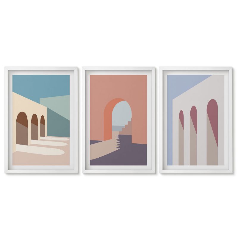 Zestaw 3 obrazów w białych ramach Tulup 40x60 cm Grafiki architektury Obrazy nad biurko zestaw biała rama 1 kpl