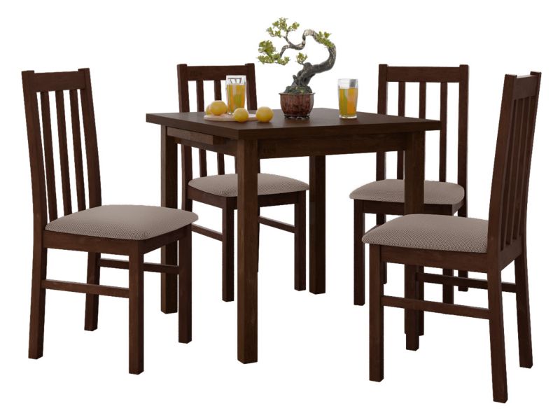 Zestaw DR14 Stół rozkładany Max VII 80x80/110 + 4 krzesła Bos 10 orzech + jasnobrązowa tapicerka 1 kpl.