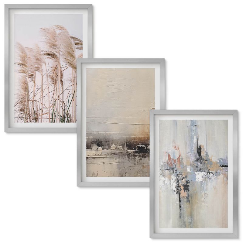 Tryptyk Obrazów w Ramie Wallfluent Roślinność abstrakcyjne wzory Srebrna rama 40x60 cm 3 szt.