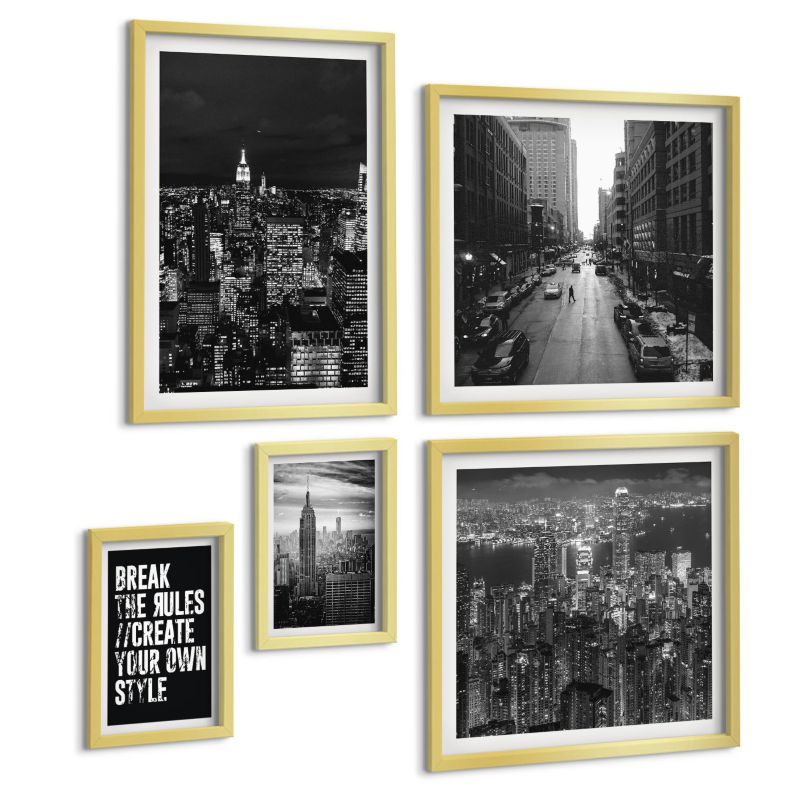 Zestaw 5 Obrazów ArtPrintCave (2x50x50+2x20x30+40x60cm) Złota rama Ulice miasta czarno-Złote inspiracja 1 kpl.