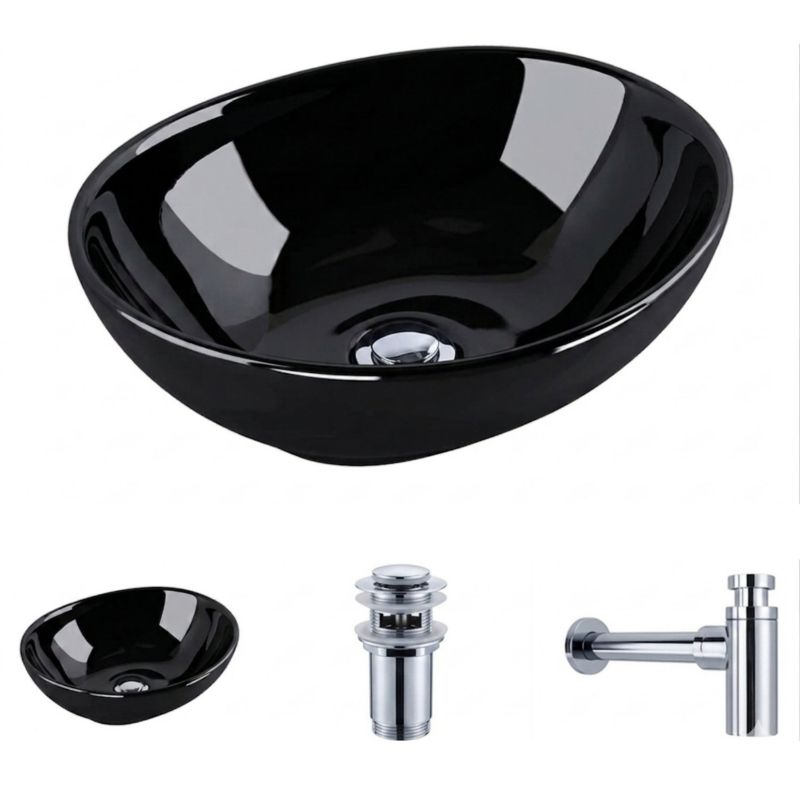 Umywalka nablatowa Helmken 65241001 (41x34) Czarna + Syfon Chrom + Korek klik-klak Chrom, 1 kpl