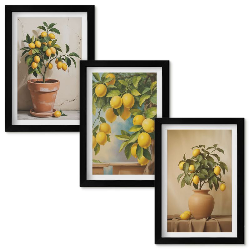 Zestaw obrazów Wallfluent Cytrynowe drzewka doniczki wazon Czarna rama 20x30cm 3 szt.