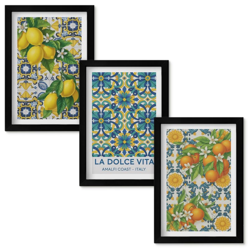 Tryptyk Obrazów w Ramie Wallfluent Cytryny kwiaty pomarańcze Italia Czarna rama 20x30cm 3 szt.