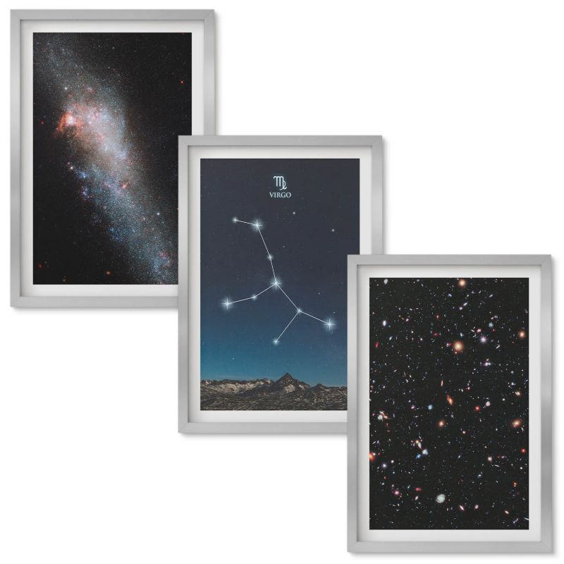 Tryptyk w Ramie Wallfluent Galaktyka konstelacja Panny Srebrna rama 40x60 cm 3 szt.