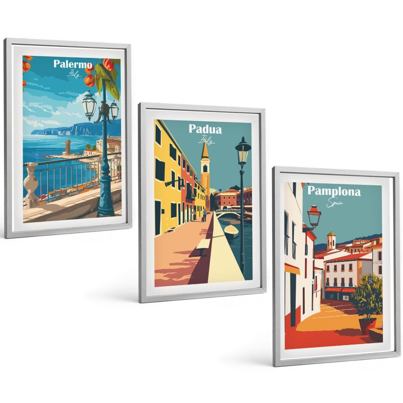 Zestaw Obrazów 3 Częściowy ArtPrintCave Srebrne Ramki 40x60 cm Dekoracja do Sypialni Miasta retro ilustracje 1 kpl.
