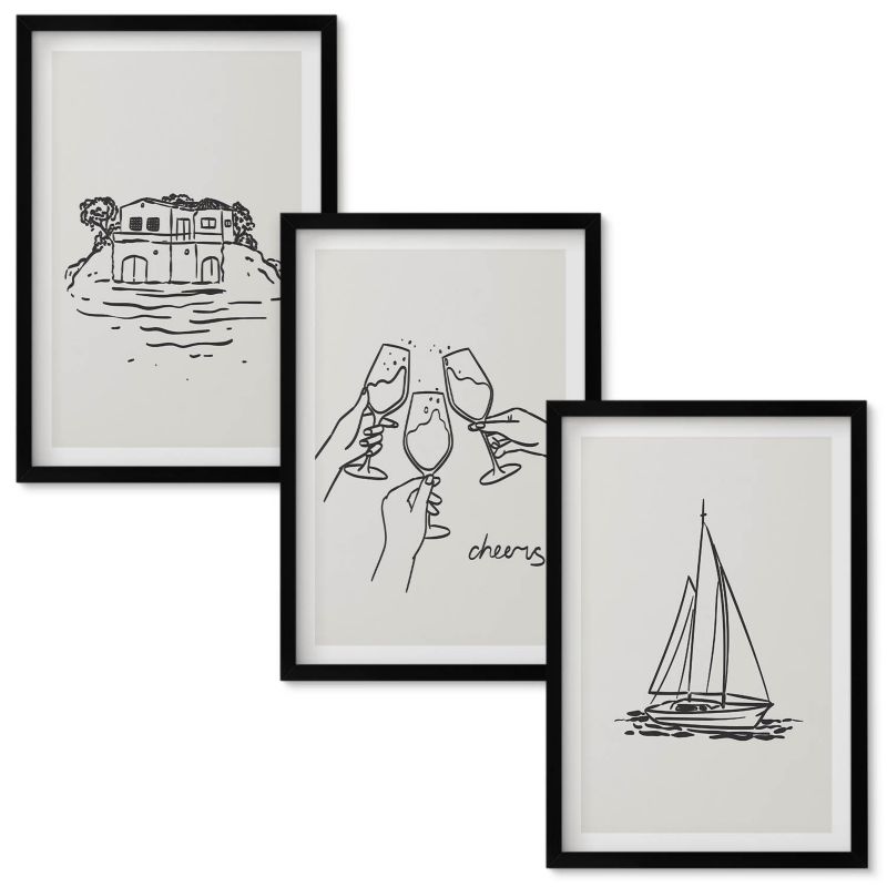 Zestaw obrazów Wallfluent Dom nad wodą żaglówka toast Czarna rama 40x60 cm 3 szt.
