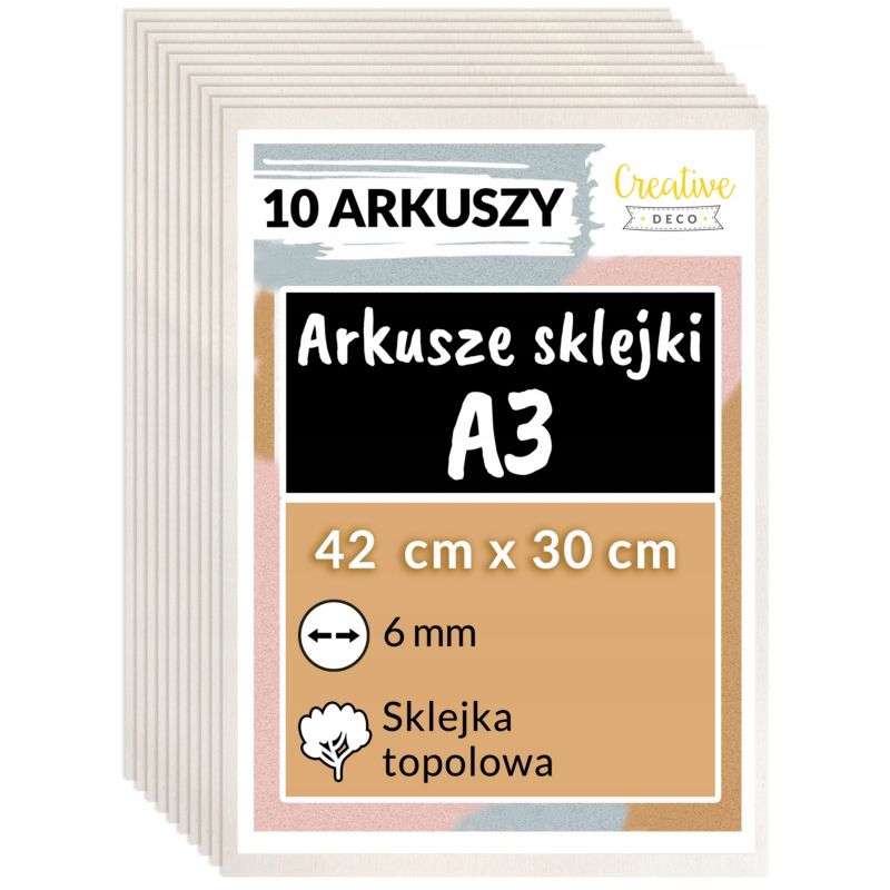 Sklejka Creative Deco A3 420 x 300 x 6 mm +/-0,5 mm surowa płyta z drewna topolowego do cięcia laserowego grawerowania 10 szt.