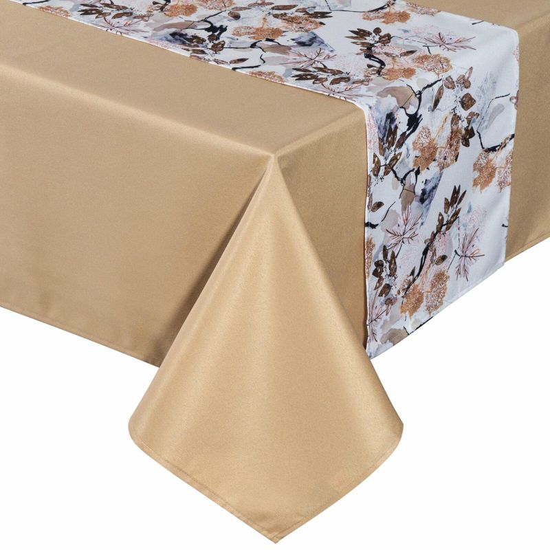 Obrus ANITA 5 Eurofirany 140 x 180 cm z bieżnikiem 33 x 180 cm złoty zdobiony wzorem liści 1 szt.