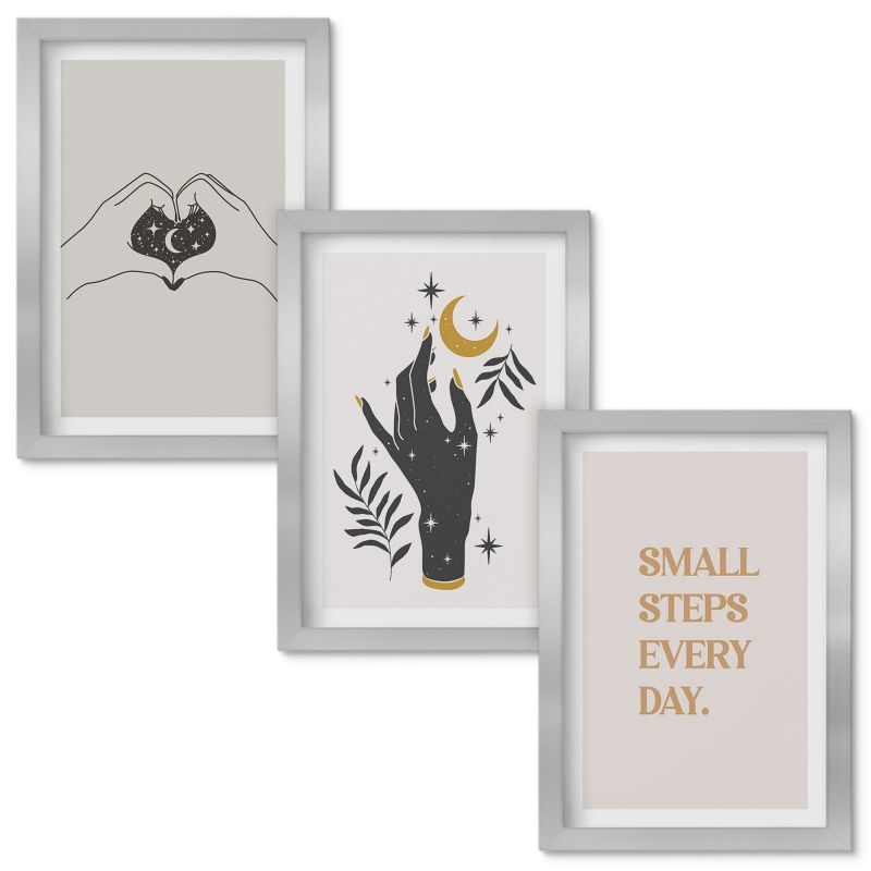 Obrazy do Salonu Wallfluent Minimalistyczne ilustracje boho Srebrna rama 20x30cm 3 szt.