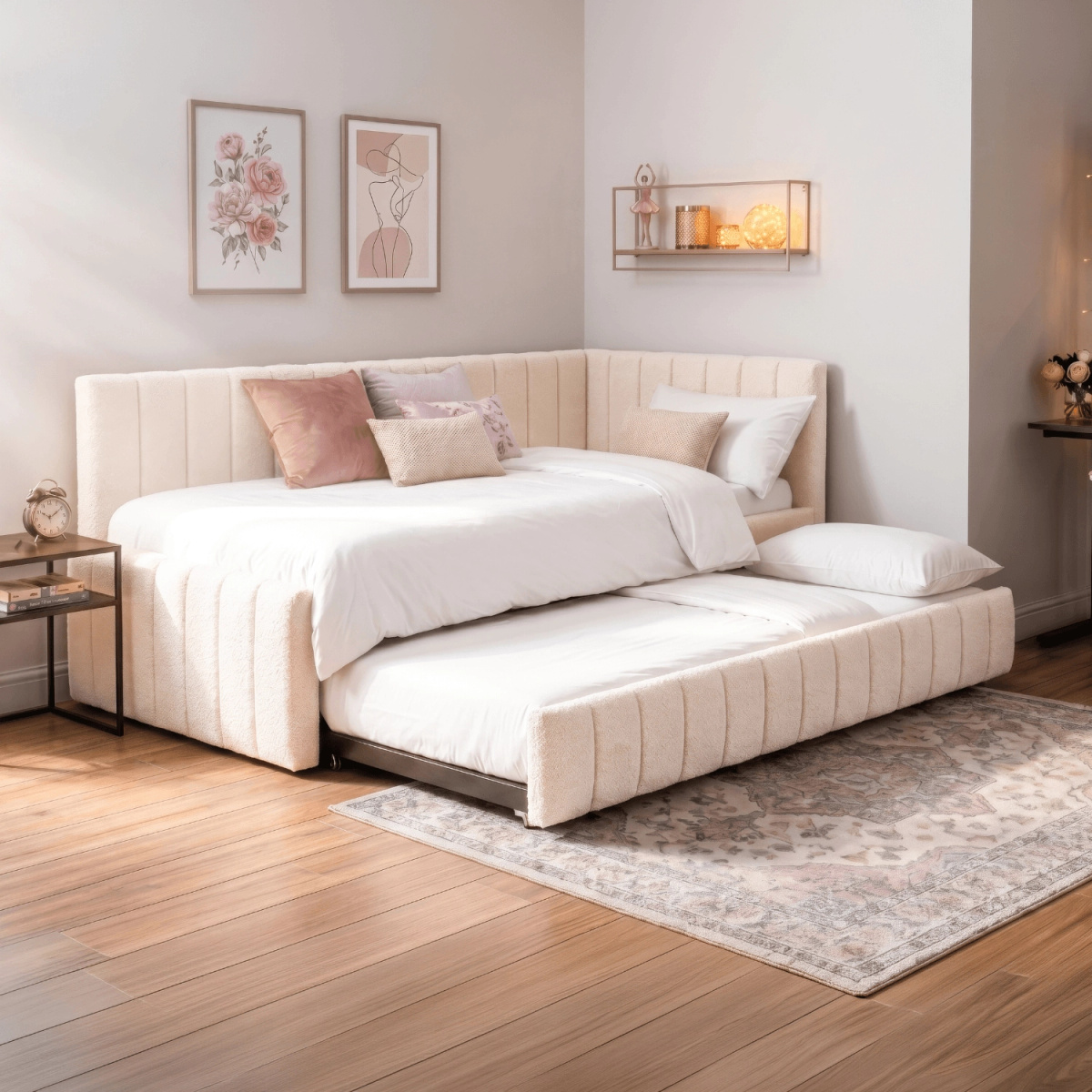 Kremowe łóżko młodzieżowe 120x200 VELLAMO boucle