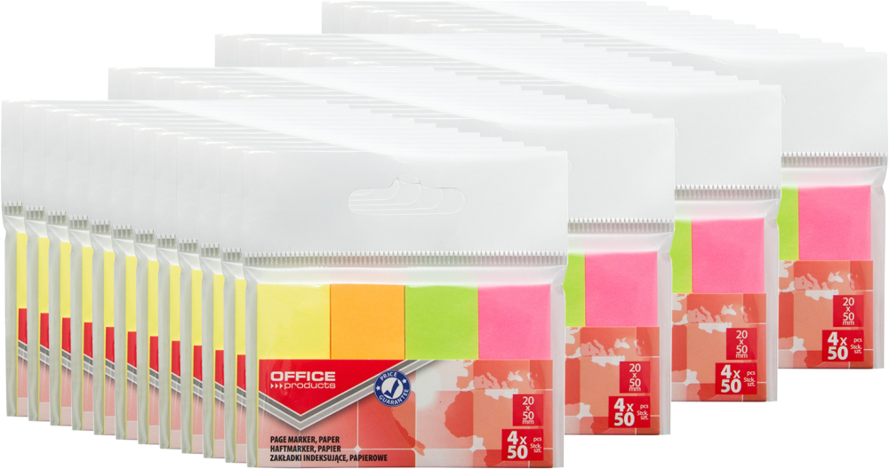 48x Zakładki samoprzylepne Office Products, proste, indeksujące , papier, 20x50mm, 4x50 sztuk, mix kolorów neonowych