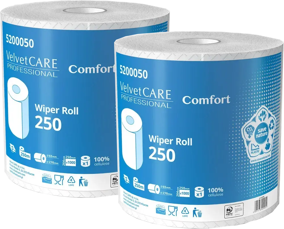 2x Czyściwo papierowe bezpyłowe VelvetCARE Professional 250, 2-warstwowe, przemysłowe, 250m, 1 rolka, biały
