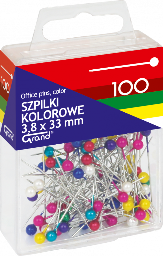 Szpilki Grand, w pudełku, 3.8x33mm, 100 sztuk, mix kolorów