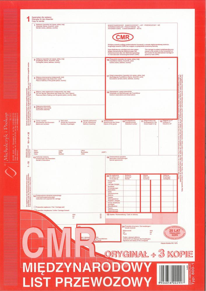 Druk akcydensowy CMR Międzynarodowy list przewozowy MiP 800-3N, A4, numerowany, 5 kopii, 84k