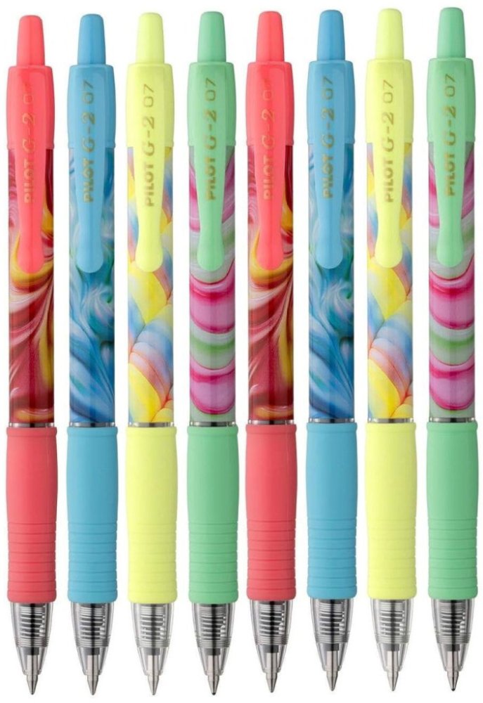 Zestaw: 8x Długopis żelowy automatyczny Pilot G2 Flow, 0.7mm, czarny/niebieski wkład, obudowa: żółta, niebieska, różowa, zielona
