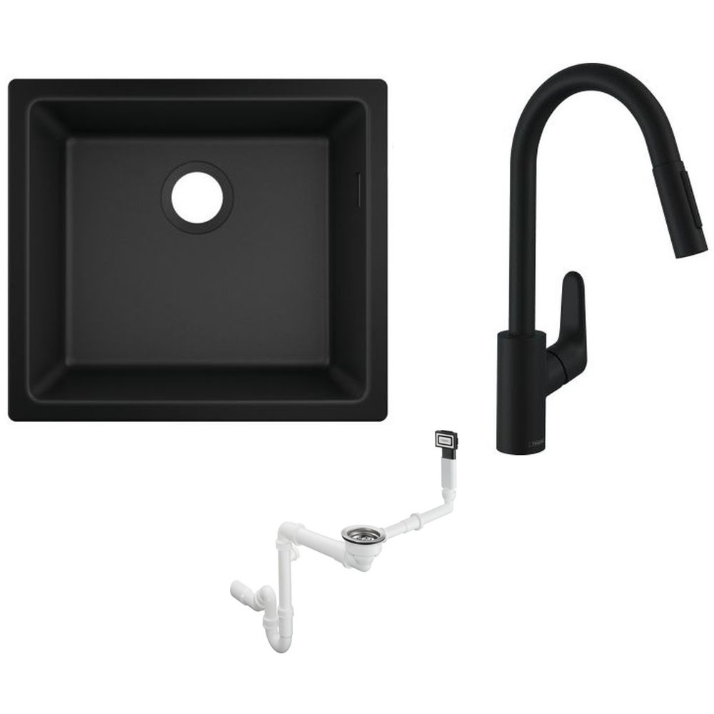 Zestaw Hansgrohe S510-U450 zlewozmywak granitowy czarny z baterią kuchenną i syfon (43431170, 31815670, 43927000)