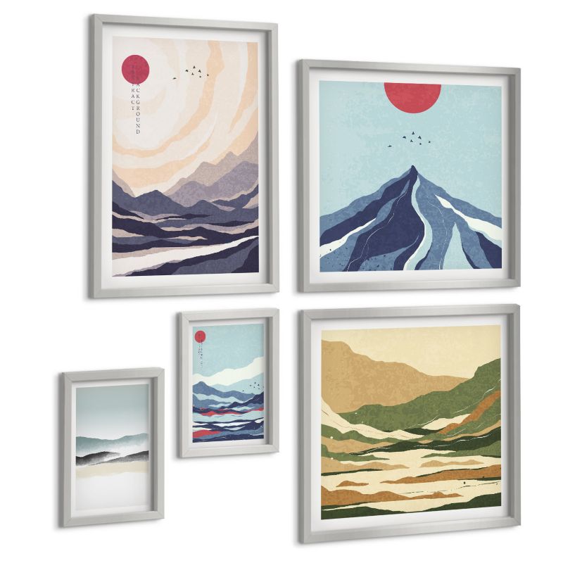 Galeria 5 Obrazów ArtPrintCave (2x50x50+2x20x30+40x60cm) Srebrna rama Kolorowe abstrakcyjne góry rzeki 1 kpl.