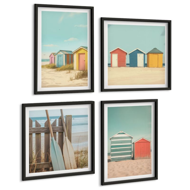 Komplet 4 Obrazów ArtPrintCave (2x50x50+2x40x60cm) Czarna rama Kolorowe domki na plaży 1 kpl.