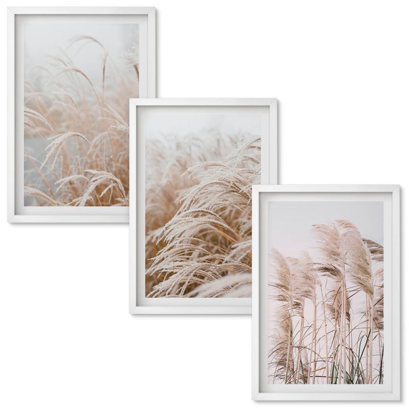 Zestaw obrazów Wallfluent Pola traw w brązie i beżu Biała rama 40x60 cm 3 szt.